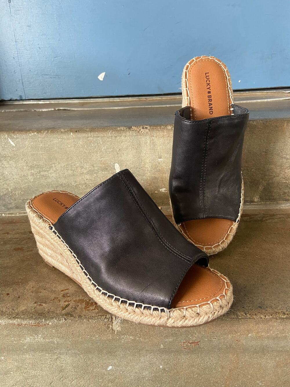Lucky Brand Cabriah black leather espadrille wedge slide sandal.